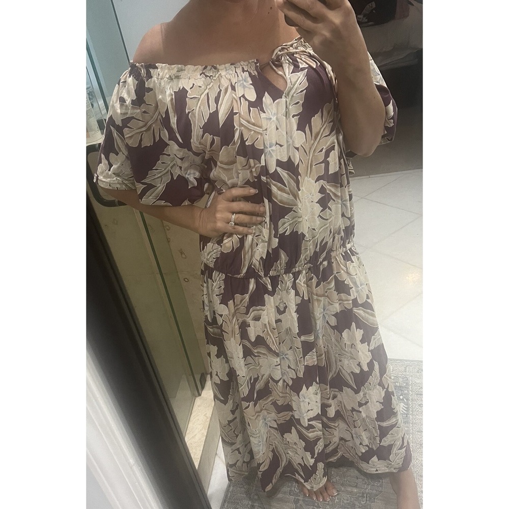 Chaps Woman 3X Purple  Floral Maxi Dress Plus Nude  Womens Elastic Off Shoulder